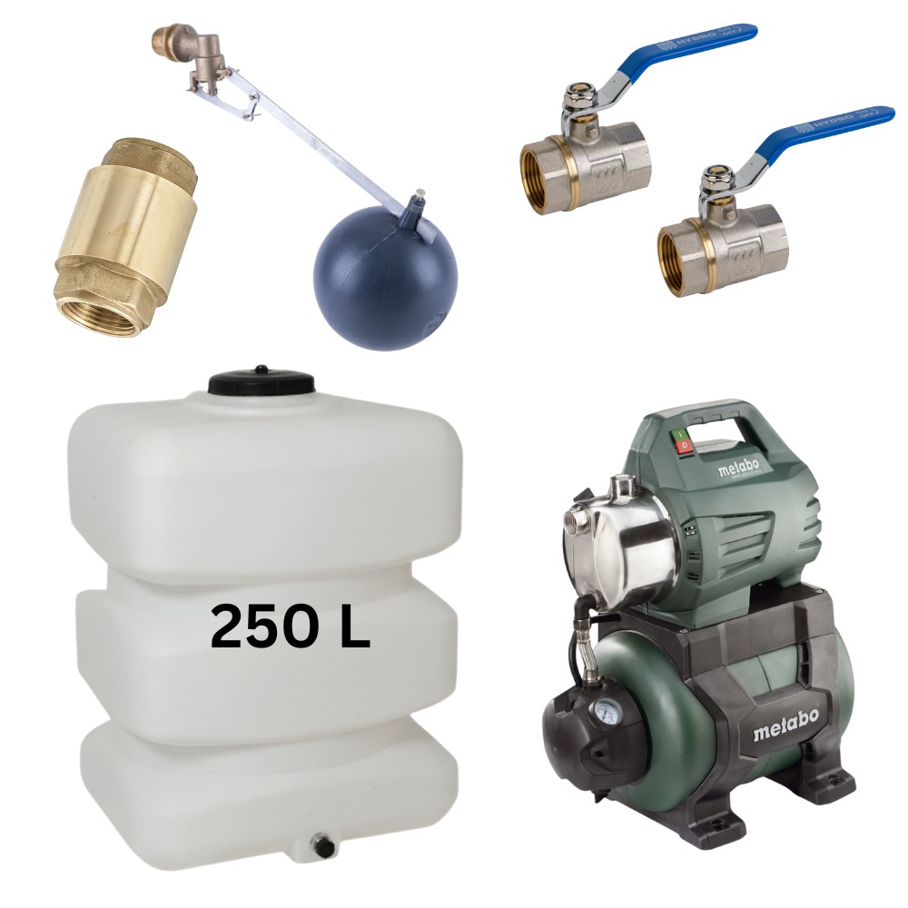 Kit "Drinkwater 250L" met watertank Mavil (wit, rechthoekig) en hydrofoorpomp Metabo. | Drinkwatertanks |  |