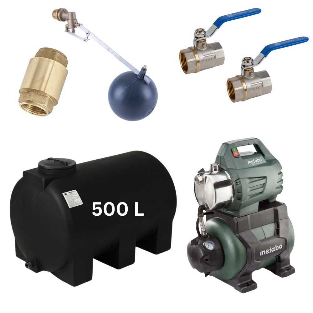 Kit "Drinkwater 500L" met Mavil watertank (zwart, horizontaal) en hydrofoorpomp Metabo | Drinkwatertanks |  |