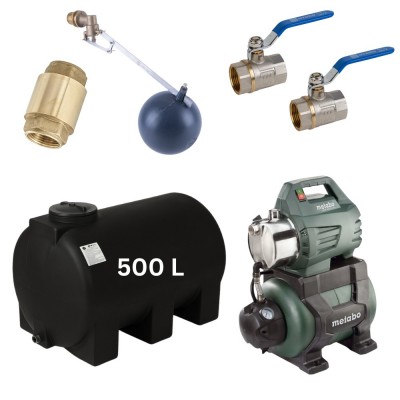 Kit "Drinkwater 500L" met Mavil watertank (zwart, horizontaal) en hydrofoorpomp Metabo  - Productenvergelijking