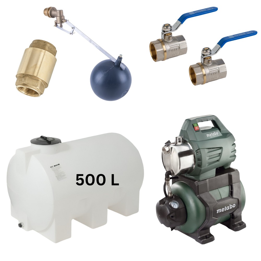 Kit "Drinkwater 500L" met watertank Mavil (wit, horizontaal) en hydrofoorpomp Metabo |  |  |