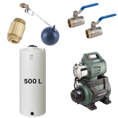 Kit "Drinkwater 500L" met watertank van Mavil (wit, cilindervormig) en hydrofoorpomp Metabo  - Productenvergelijking