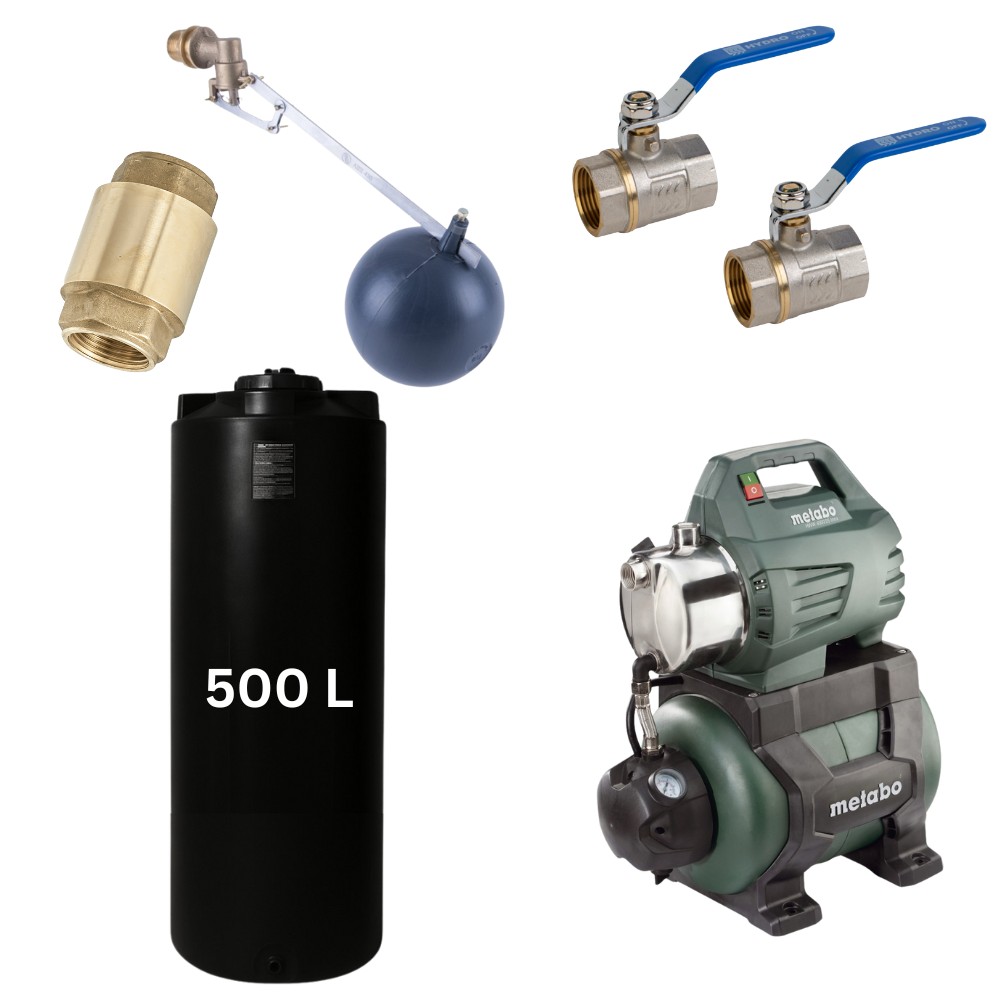 Kit "Drinkwater 500L" met Mavil watertank (zwart, cilindrisch) en hydrofoorpomp Metabo |  |  |