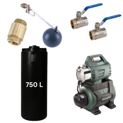 Kit "Drinkwater 750L" met Mavil watertank (zwart, cilindrisch) en hydrofoorpomp Metabo  - Productenvergelijking
