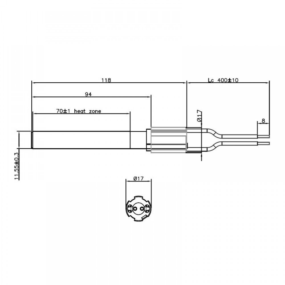 Keramische gloeibougie pelletkachel Aico Ravelli e.a., totale lengte 118 mm, 280W | Gloeibougie voor pelletkachel | Pelletkachel onderdelen |