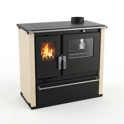 Hout fornuis Verso CS Plus met roestvrijstalen oven en stalen kookplaat, Ivoor, Rechts, 7.7kW - Verso