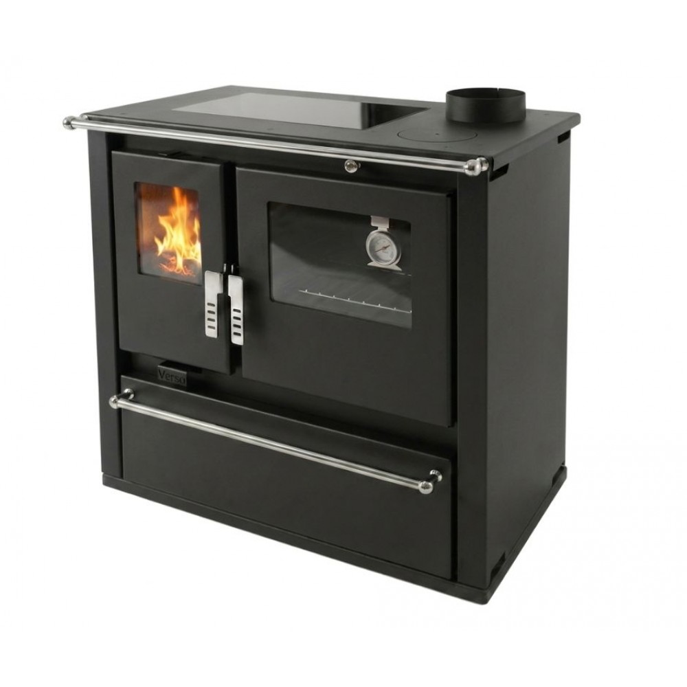 Hout fornuis Verso CS Plus met roestvrijstalen oven en keramische kookplaat, Zwart, Rechts, 7.7kW