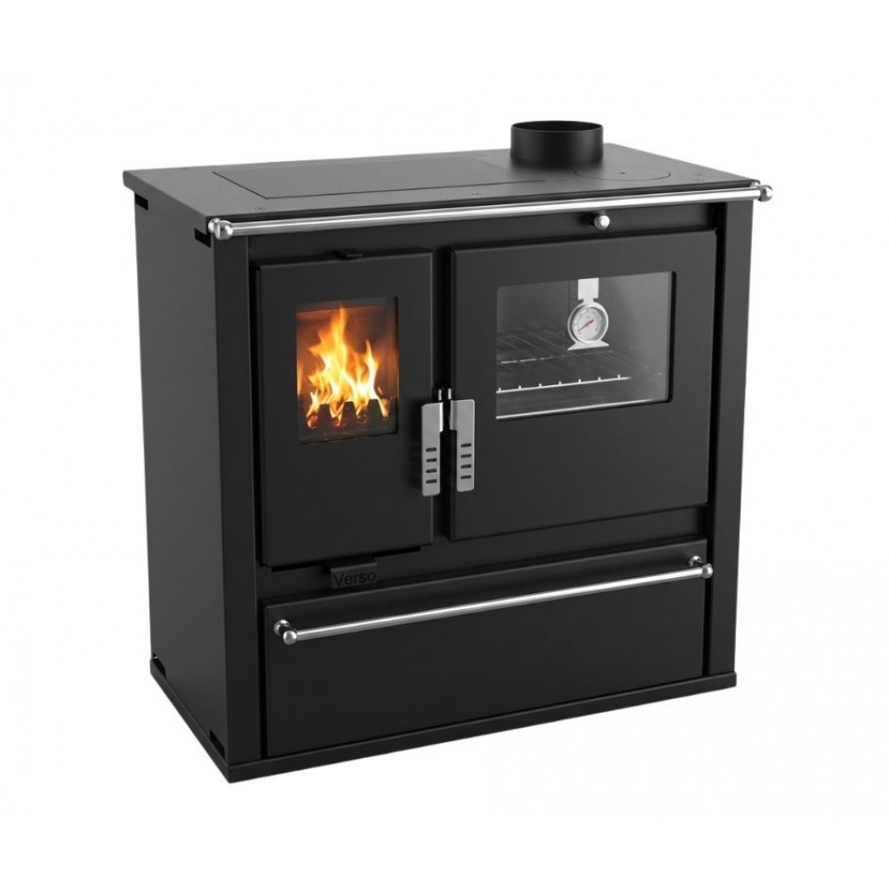 Hout fornuis Verso CS Plus met roestvrijstalen oven en stalen kookplaat, Zwart, Rechts, 7.7kW
