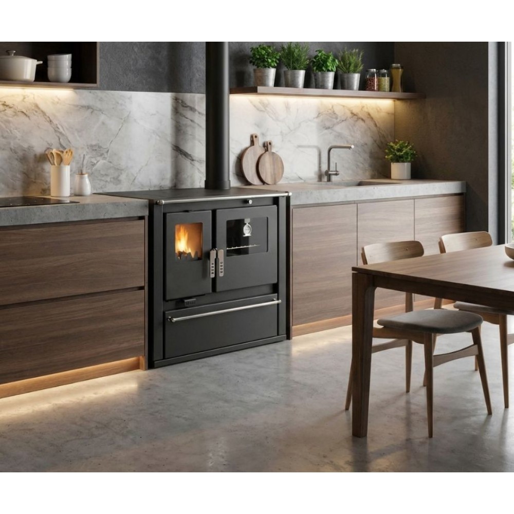 Hout fornuis Verso CS Plus met roestvrijstalen oven en stalen kookplaat, Zwart, Rechts, 7.7kW | Houtkachels met oven | Houtkachels |