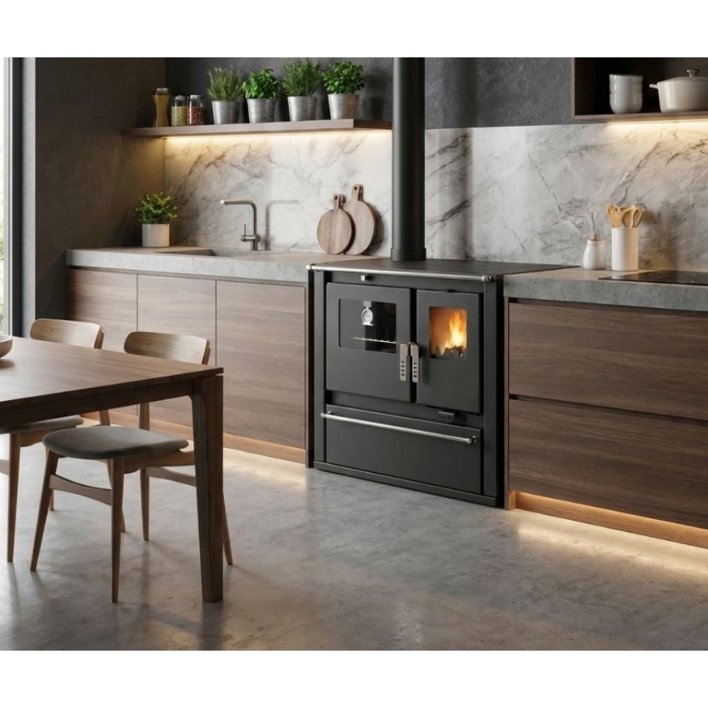 Hout fornuis Verso CS Plus met roestvrijstalen oven en keramische kookplaat, Zwart, Links, 7.7kW | Houtkachels met oven | Houtkachels |