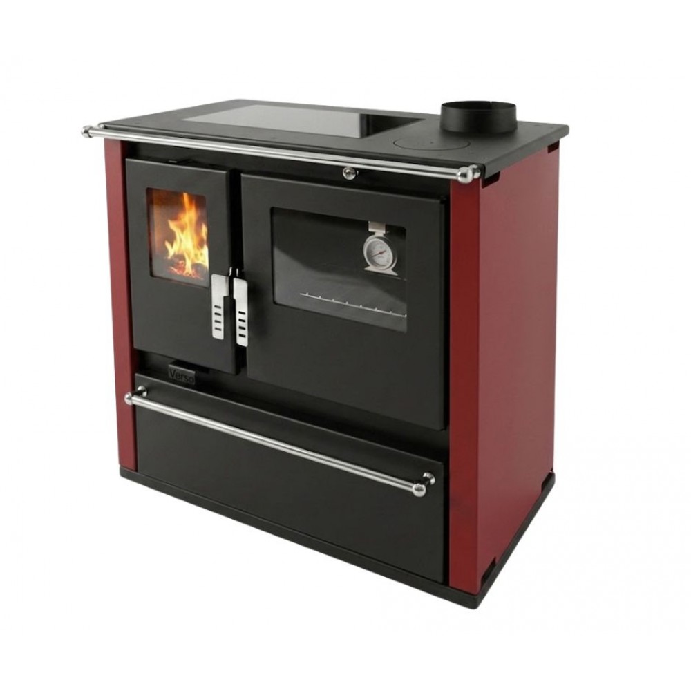 Hout fornuis Verso CS Plus met roestvrijstalen oven en keramische kookplaat, Rood, Rechts, 7.7kW | Houtkachels met oven | Houtkachels |
