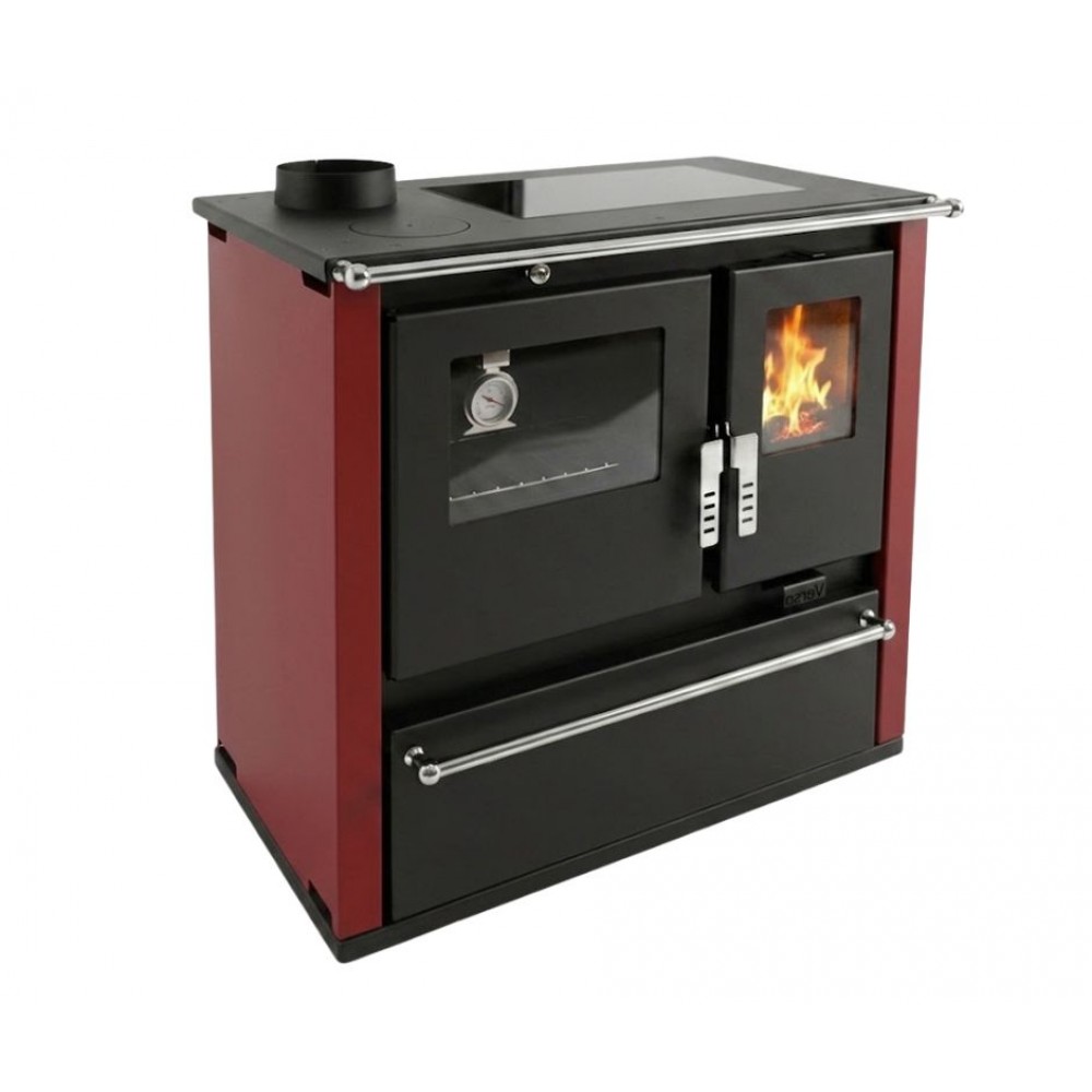 Hout fornuis Verso CS Plus met roestvrijstalen oven en keramische kookplaat, Rood, Links, 7.7kW | Houtkachels met oven | Houtkachels |
