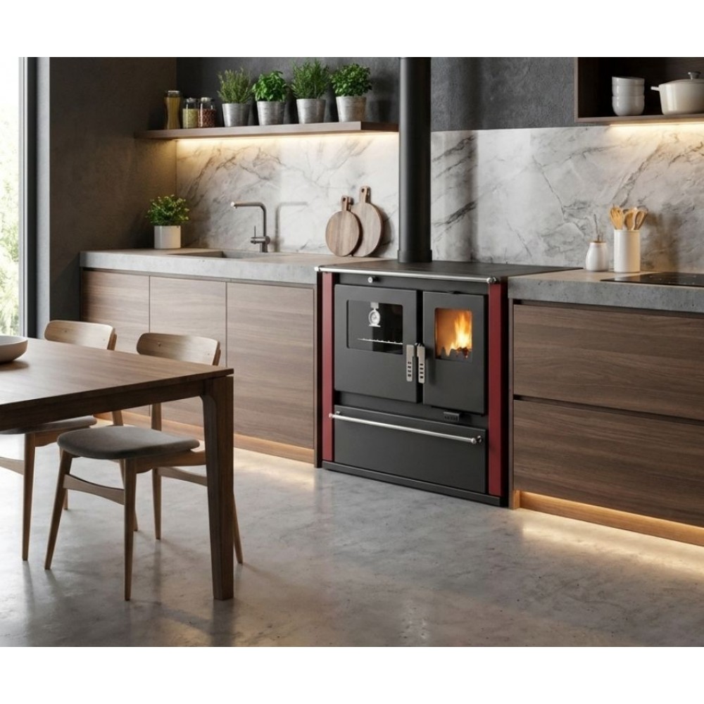 Hout fornuis Verso CS Plus met stalen oven en stalen kookplaat, Rood, Links, 7.7kW | Houtkachels met oven | Houtkachels |