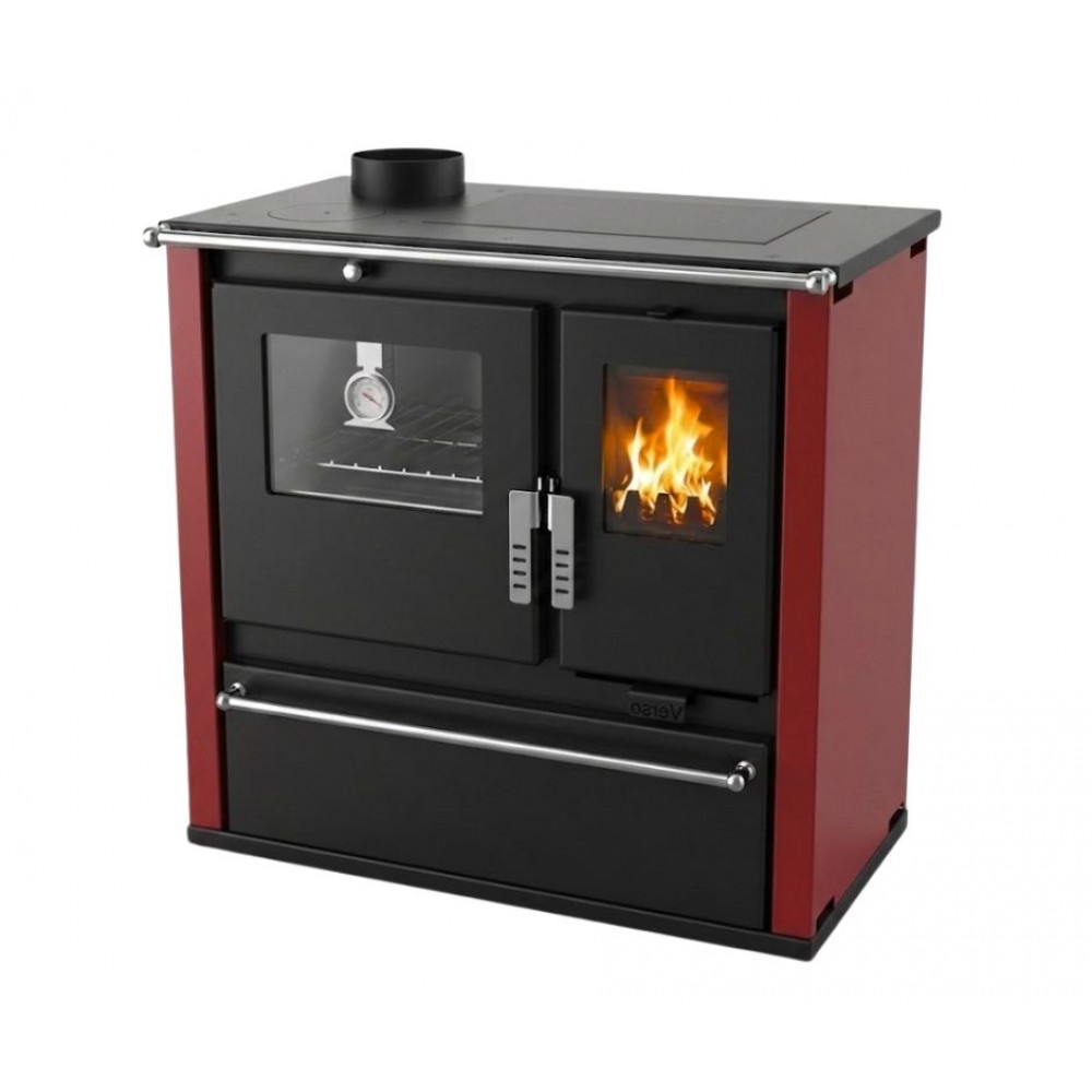 Hout fornuis Verso CS Plus met roestvrijstalen oven en stalen kookplaat, Rood, Links, 7.7kW