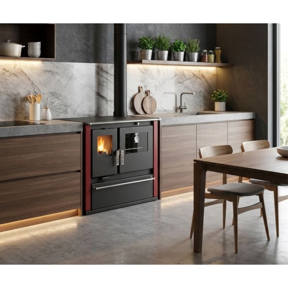 Hout fornuis Verso CS Plus met roestvrijstalen oven en keramische kookplaat, Rood, Rechts, 7.7kW | Houtkachels met oven | Houtkachels |