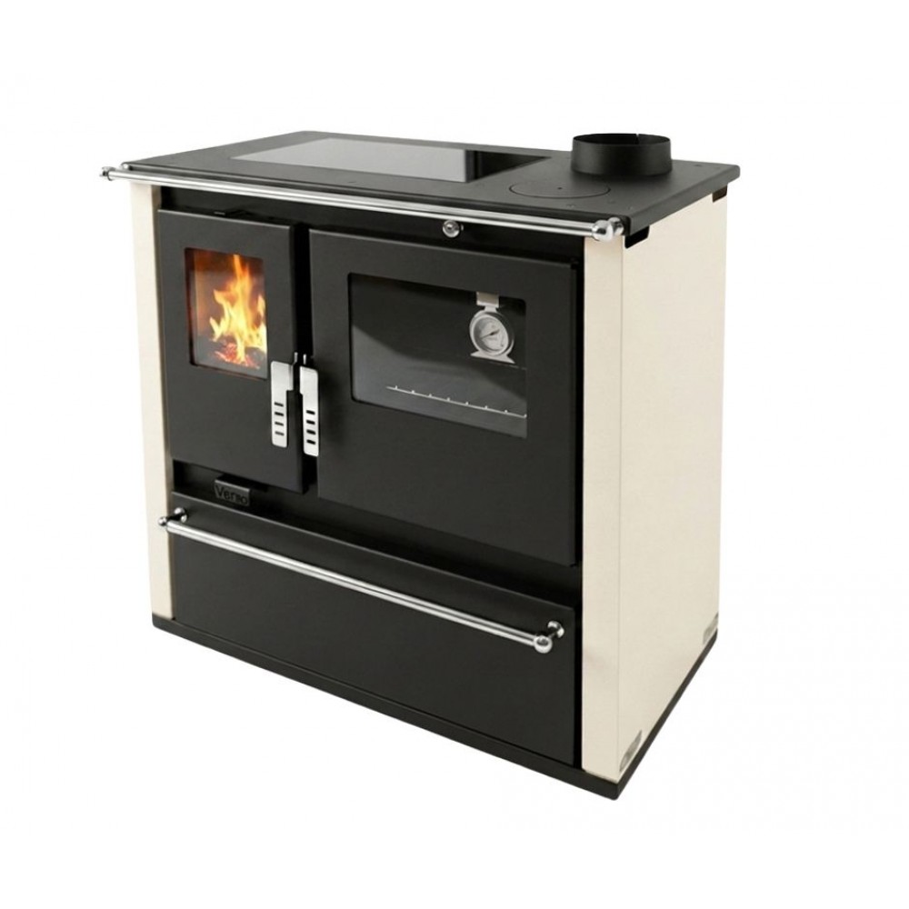 Hout fornuis Verso CS Plus met roestvrijstalen oven en keramische kookplaat, Ivoor, Rechts, 7.7kW