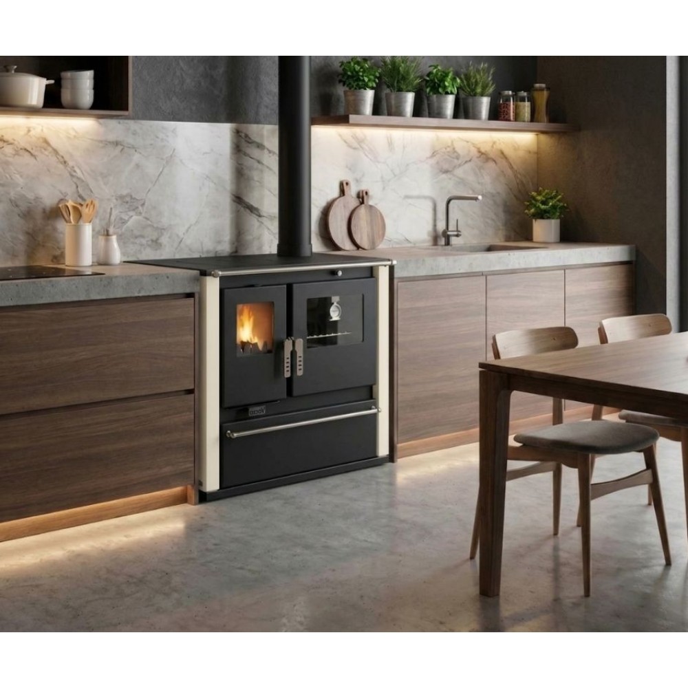 Hout fornuis Verso CS Plus met roestvrijstalen oven en keramische kookplaat, Ivoor, Rechts, 7.7kW | Houtkachels met oven | Houtkachels |