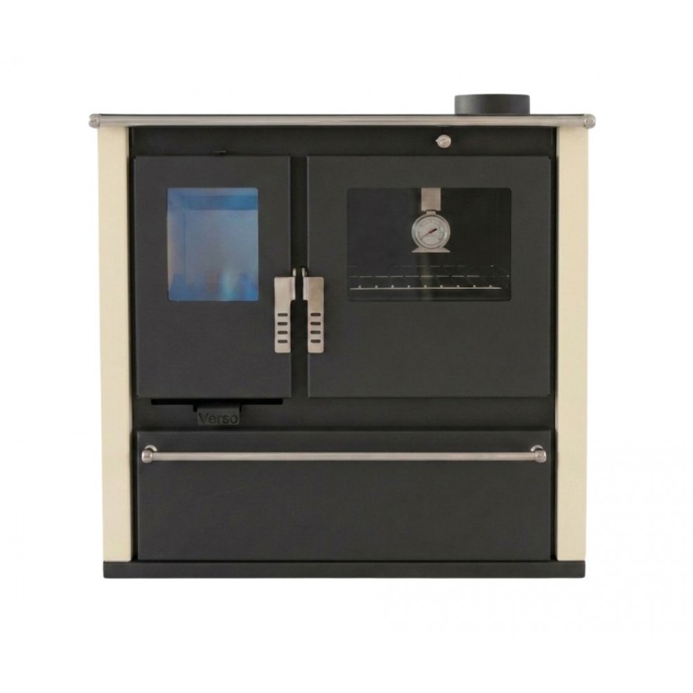 Hout fornuis Verso CS Plus met roestvrijstalen oven en keramische kookplaat, Ivoor, Rechts, 7.7kW | Houtkachels met oven | Houtkachels |