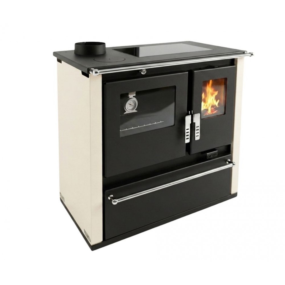Hout fornuis Verso CS Plus met roestvrijstalen oven en keramische kookplaat, Ivoor, Links, 7.7kW