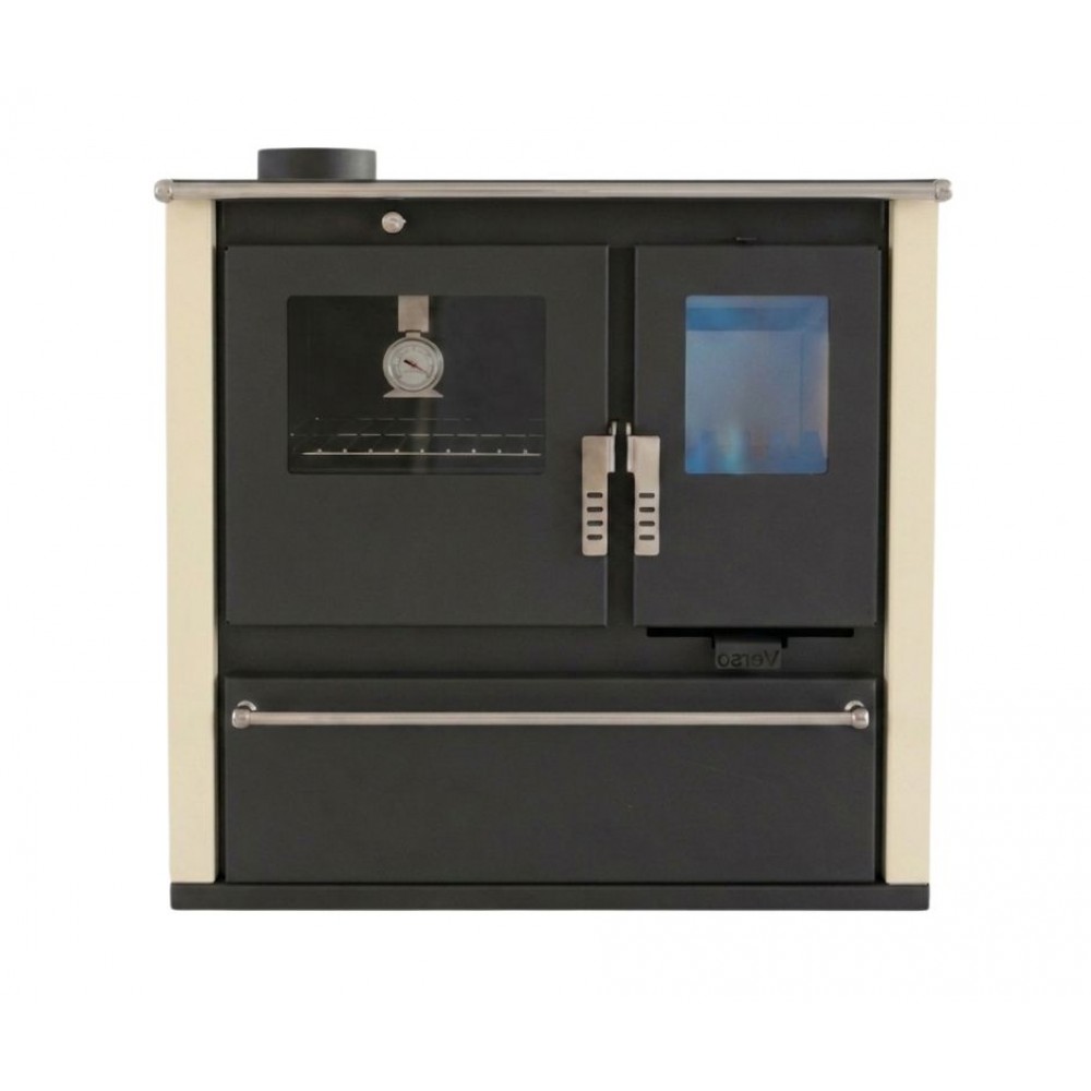 Hout fornuis Verso CS Plus met roestvrijstalen oven en keramische kookplaat, Ivoor, Links, 7.7kW | Houtkachels met oven | Houtkachels |