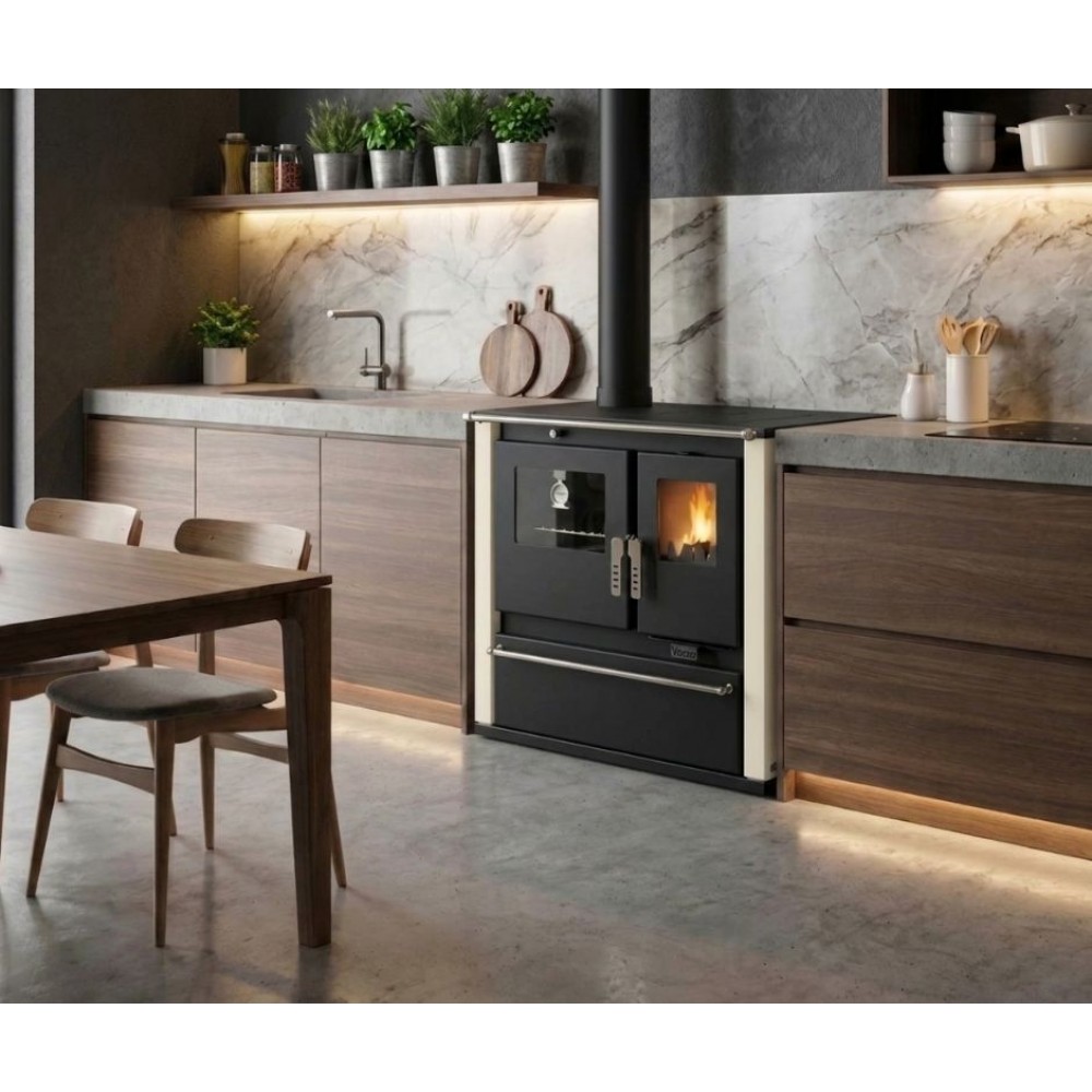 Hout fornuis Verso CS Plus met roestvrijstalen oven en keramische kookplaat, Ivoor, Links, 7.7kW | Houtkachels met oven | Houtkachels |