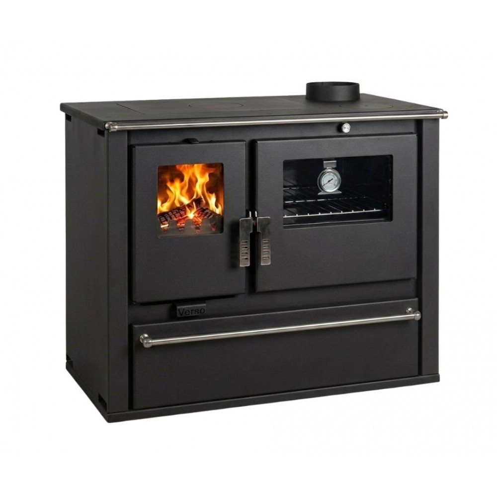Hout fornuis Verso CS Plus met stalen oven en stalen kookplaat, Zwart, Rechts, 7.7kW