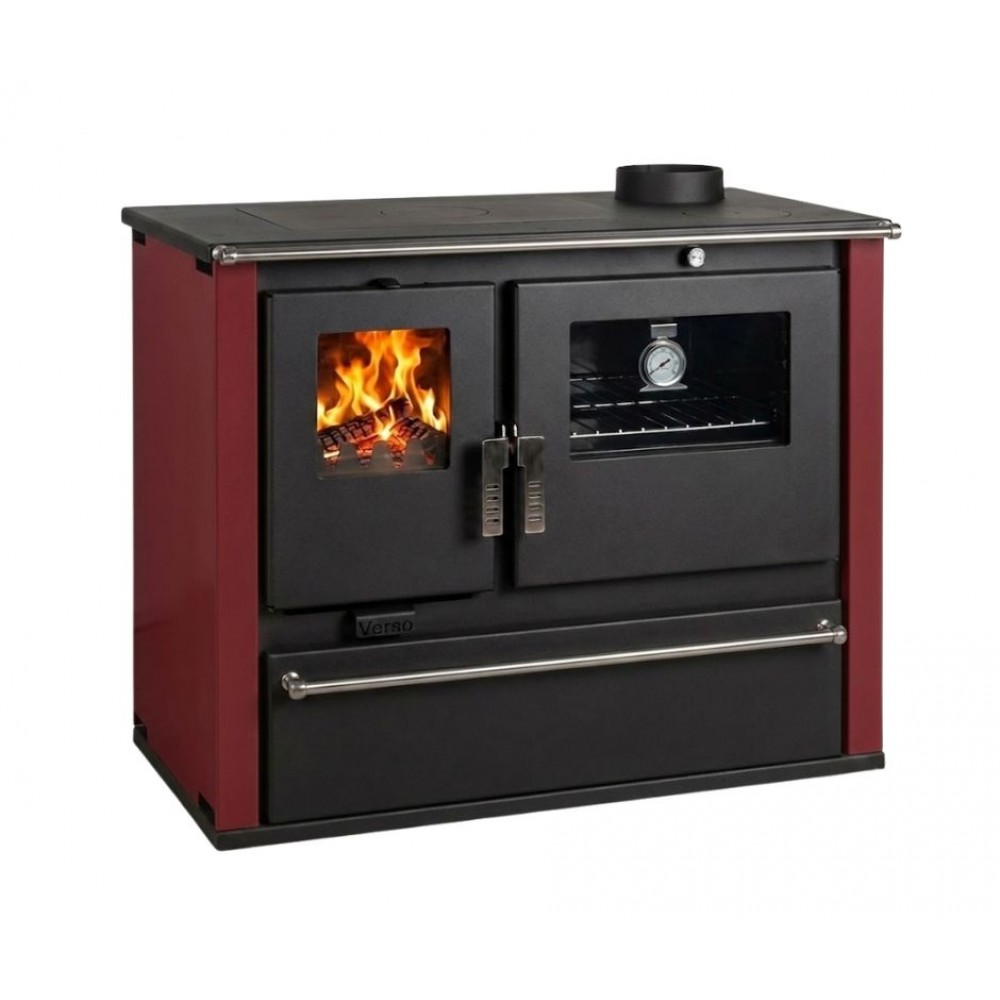Hout fornuis Verso CS Plus met stalen oven en stalen kookplaat, Rood, Rechts, 7.7kW