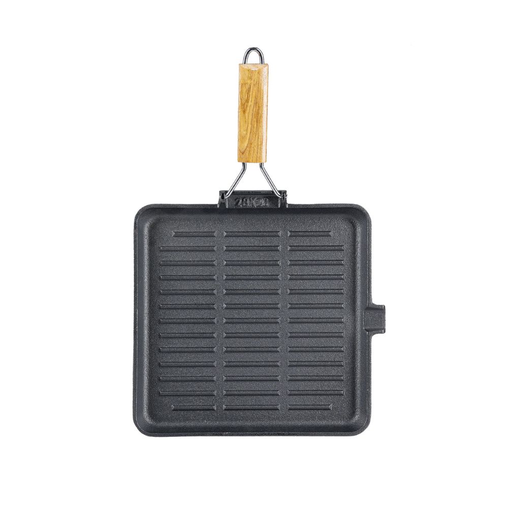 Grillpan gietijzer met opvouwbaar houten handvat, 28x28 cm | Grillpan gietijzer | Gietijzeren pan |