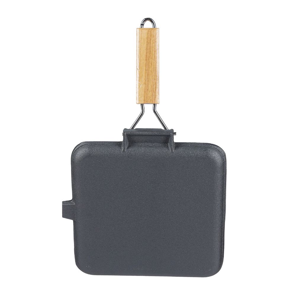 Grillpan gietijzer met opvouwbaar houten handvat, 24x24 cm | Grillpan gietijzer | Gietijzeren pan |