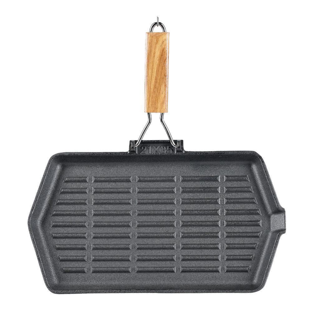 Grillpan gietijzer met opvouwbaar houten handvat, 35x21 cm | Grillpan gietijzer | Gietijzeren pan |
