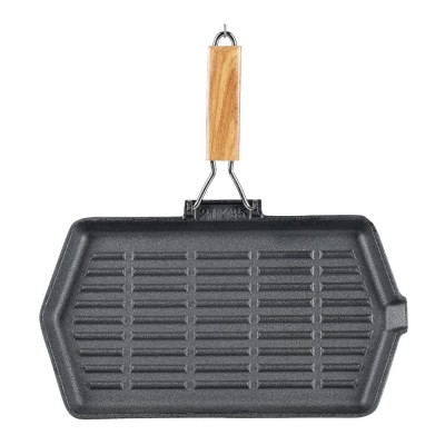Grillpan gietijzer met opvouwbaar houten handvat, 35x21 cm - Grillpan gietijzer