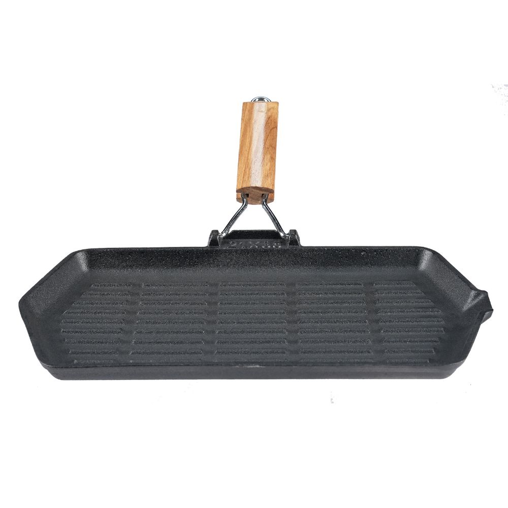 Grillpan gietijzer met opvouwbaar houten handvat, 35x21 cm | Grillpan gietijzer | Gietijzeren pan |