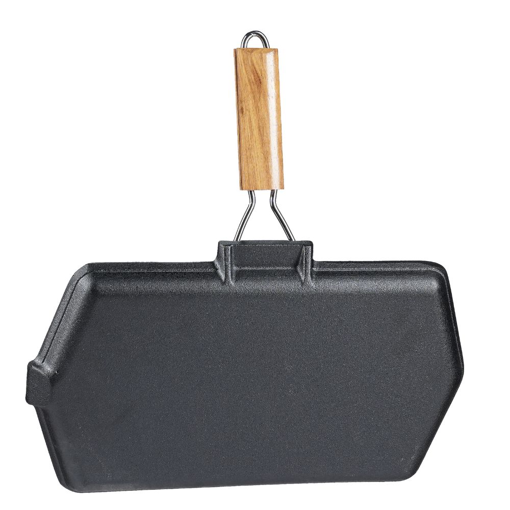 Grillpan gietijzer met opvouwbaar houten handvat, 35x21 cm | Grillpan gietijzer | Gietijzeren pan |