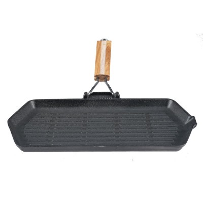 Grillpan gietijzer met opvouwbaar houten handvat, 35x21 cm - Grillpan gietijzer