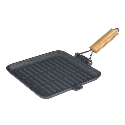 Grillpan gietijzer met opvouwbaar houten handvat, 28x28 cm - Grillpan gietijzer