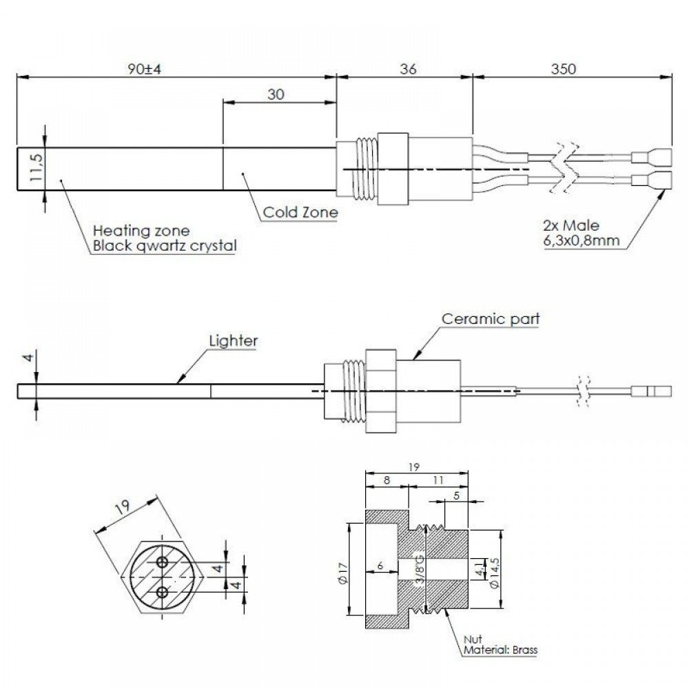 Gloeibougie pelletkachel met zwart kwartskristal Karmek One, La Nordica en anderen, totale lengte 126mm, 300W | Gloeibougie voor pelletkachel | Pelletkachel onderdelen |