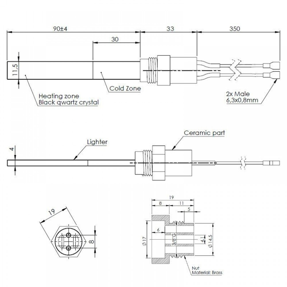 Gloeibougie pelletkachel met zwart kwartskristal voor Ferroli, Eco Spar, BURNiT en anderen, totale lengte 123mm, 300W | Gloeibougie voor pelletkachel | Pelletkachel onderdelen |