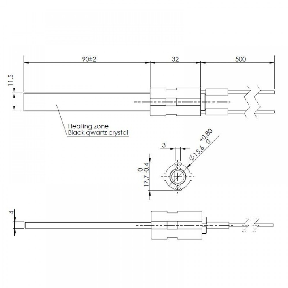 Gloeibougie pelletkachel met zwart kwartskristal voor Eco Spar, BURNiT, Palazzetti, Ravelli, MCZ en anderen, totale lengte 122mm, 300W | Gloeibougie voor pelletkachel | Pelletkachel onderdelen |