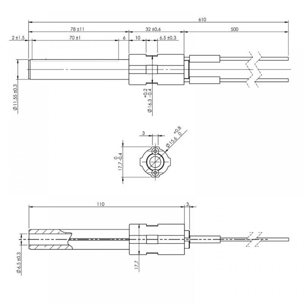Keramische gloeibougie pelletkachel BURNiT, Palazzetti en anderen, totale lengte 113mm, 260W | Gloeibougie voor pelletkachel | Pelletkachel onderdelen |