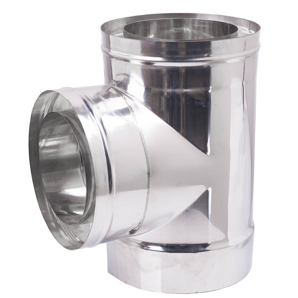 Dubbelwandig T-stuk kachelpijp 90° met kap, Isolatie, RVS AISI 304, Ф80-130 - Ф300-350 | Dubbelwandig rookkanaal | Schoorstenen |