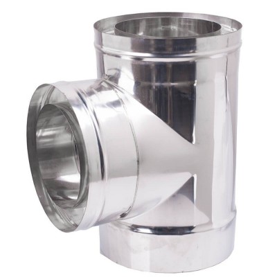 Dubbelwandig T-stuk kachelpijp 90° met kap, Isolatie, RVS AISI 304, Ф80-130 - Ф300-350 - Schoorstenen