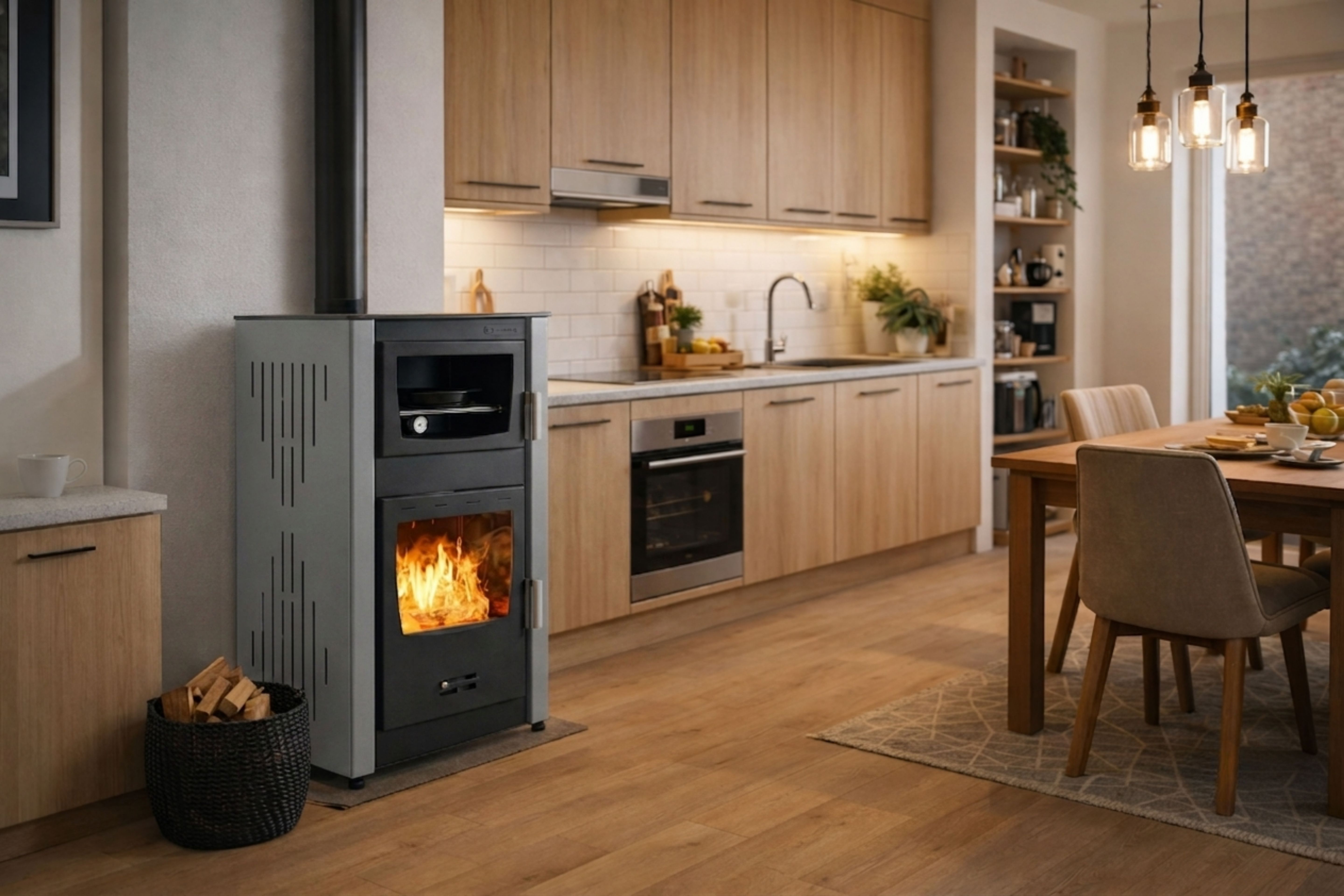 Houtgestookte open haard met oven en watermantel.