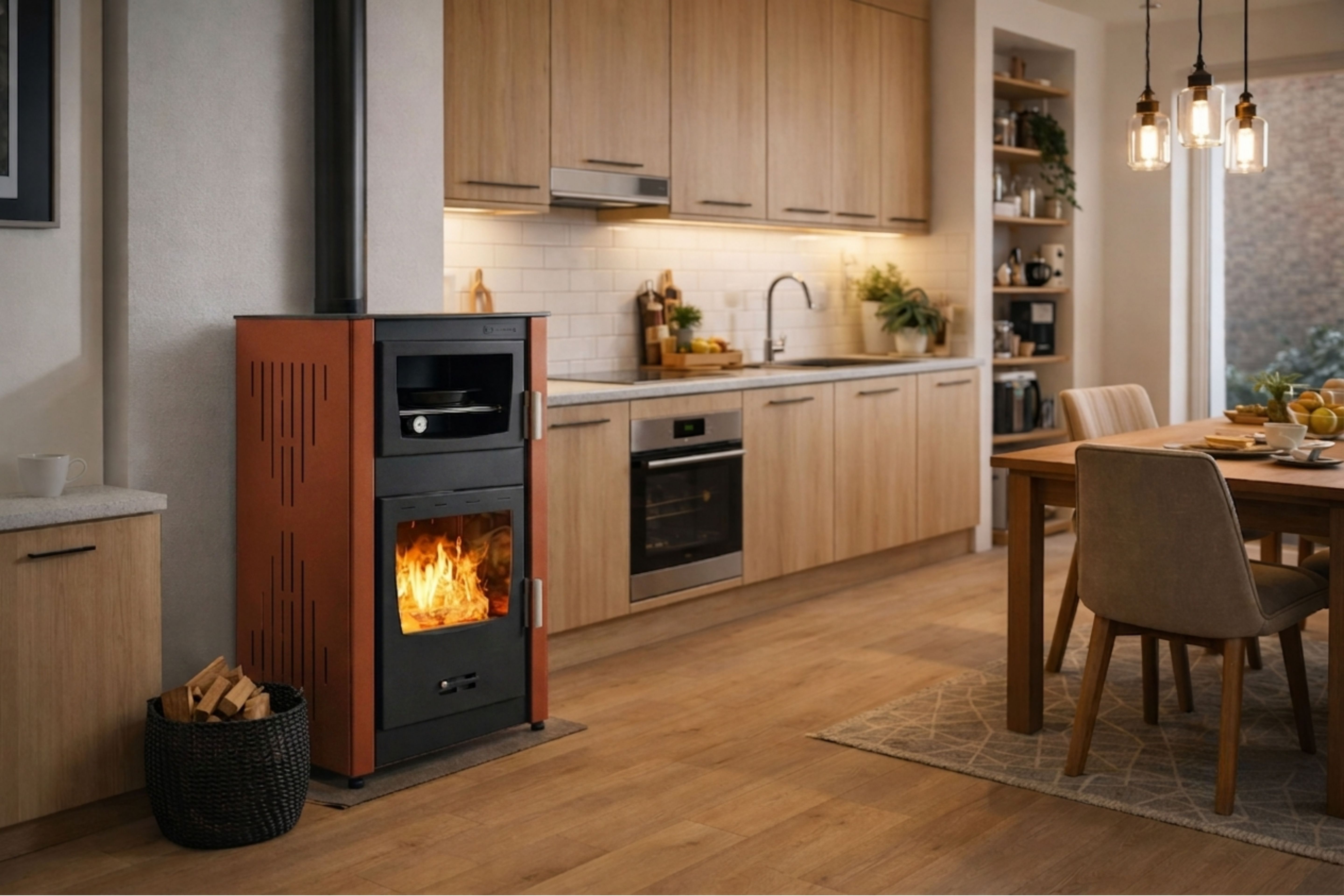 Houtgestookte open haard met oven en watermantel.