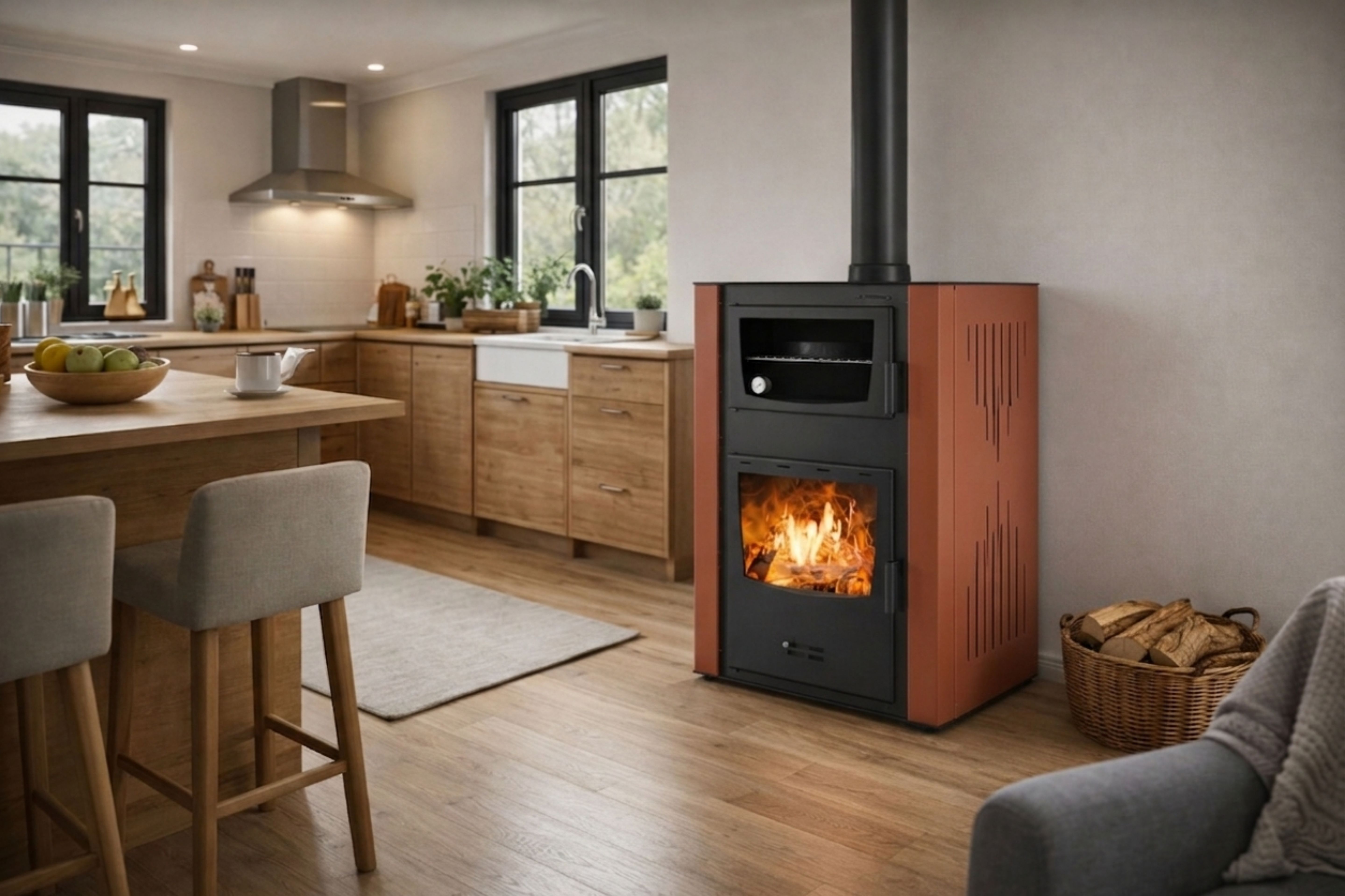 Houtgestookte open haard met oven en watermantel.