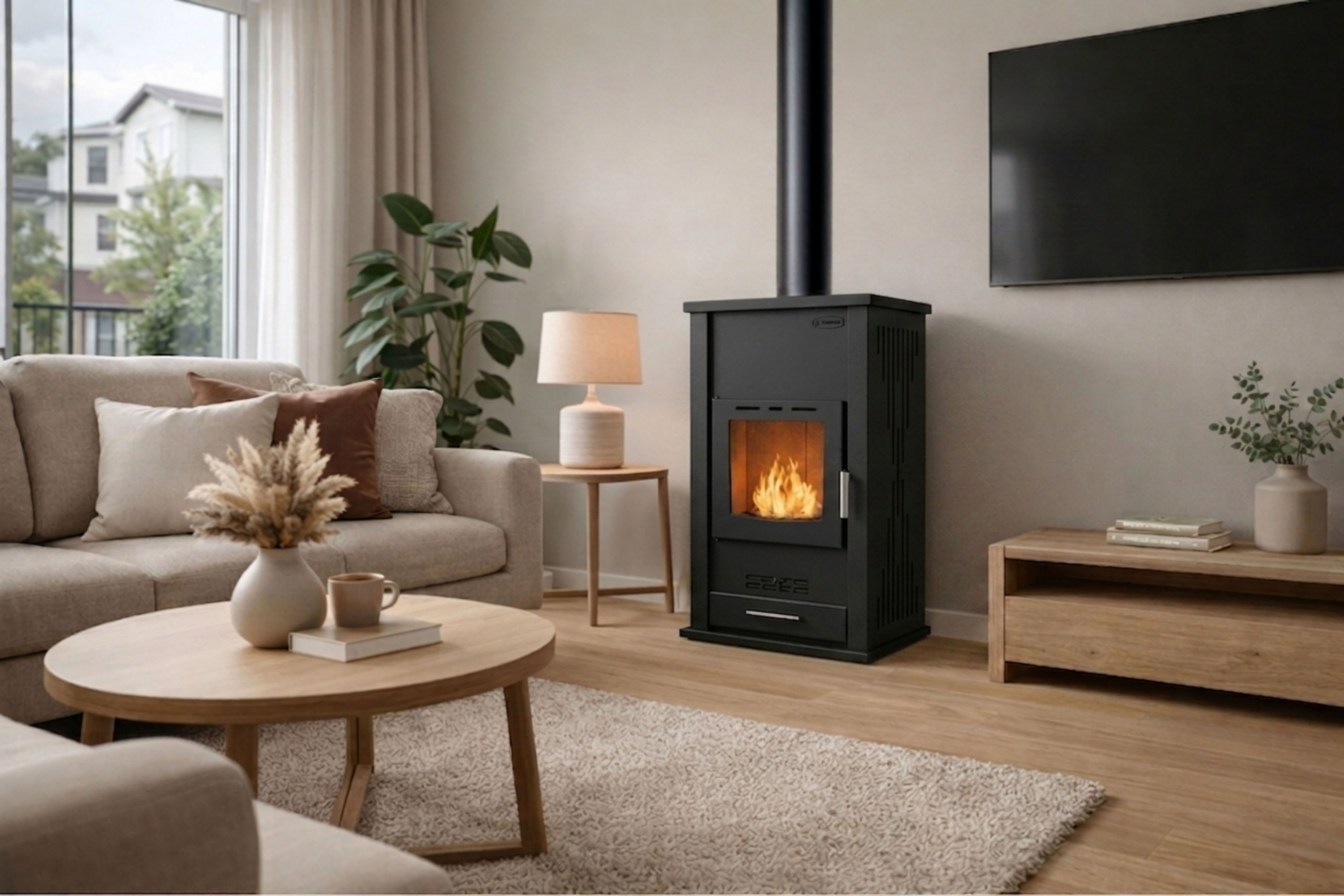 Houtgestookte open haard met watermantel