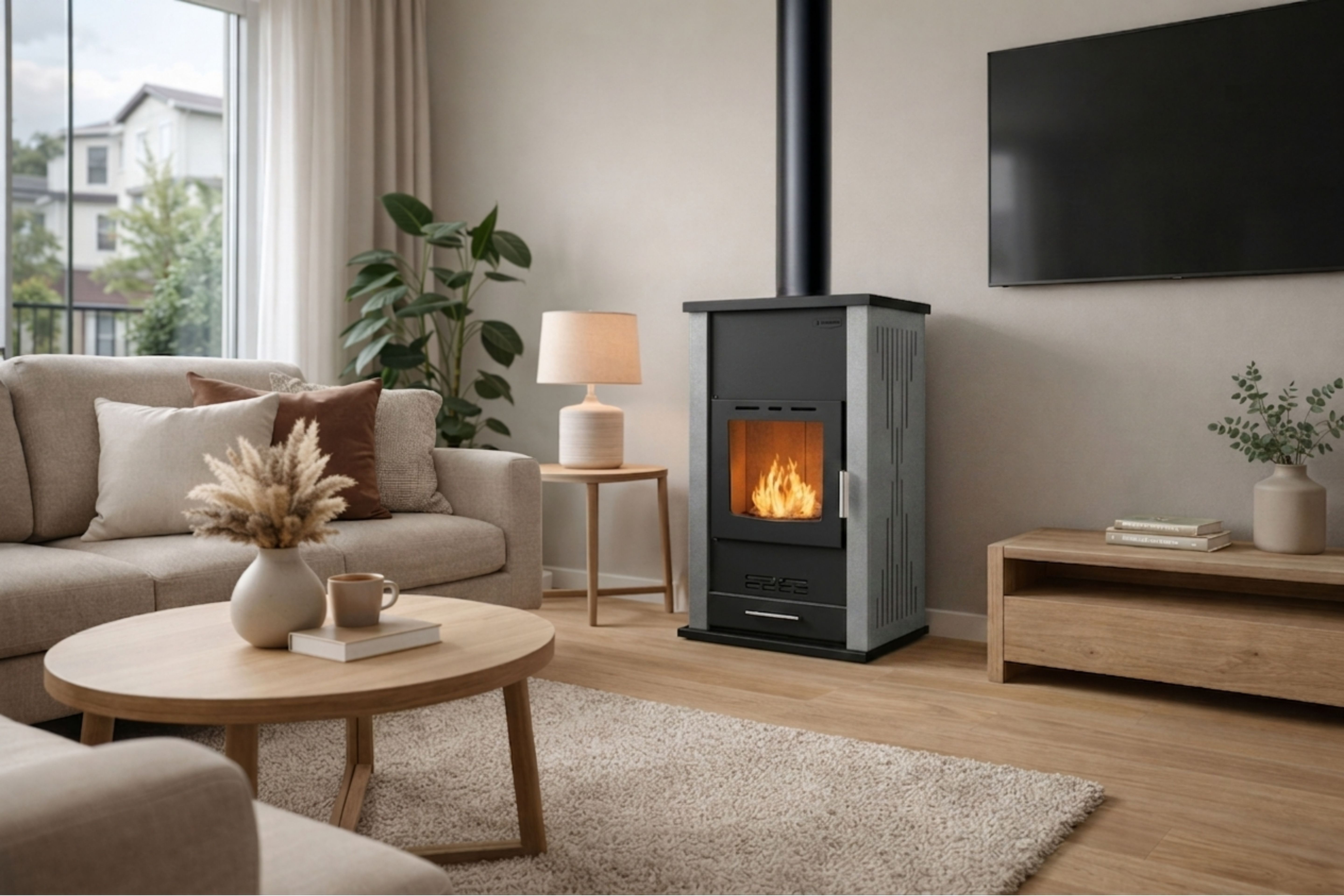 Houtgestookte open haard met watermantel
